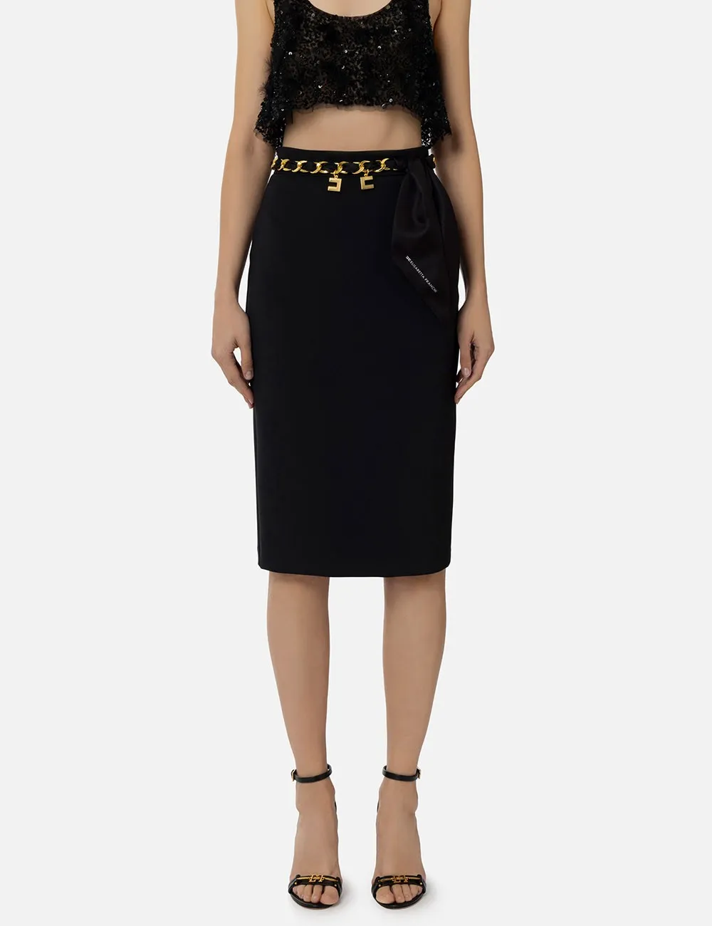 Gonna midi in crêpe stretch con cintura foulard nera