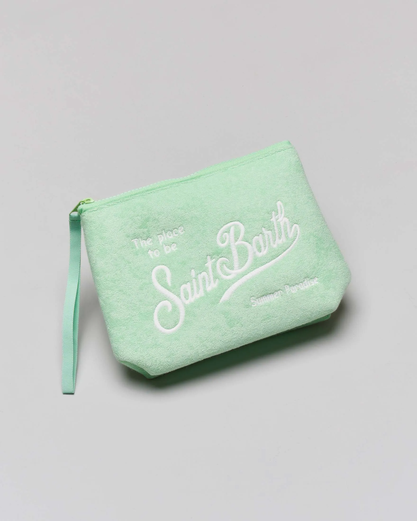 Pochette Aline verde acqua in spugna con scritta logo bianca ricamata e laccetto