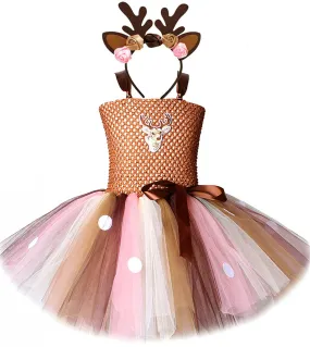 Vestito da tutu di cervo bruno per ragazze Costume di Halloween di Natale Abiti da principessa per renne al ginocchio Natale per